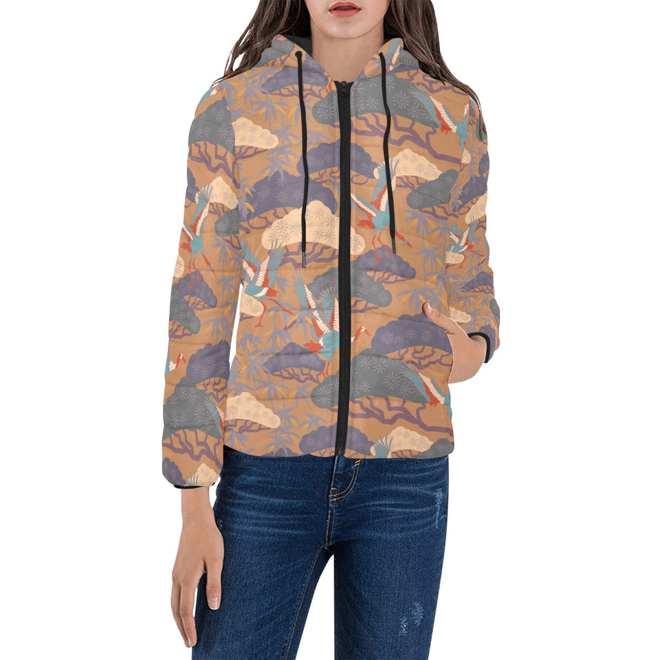 Bonsai bamboo stork japanese pattern brown theme Women's Padded Hooded Jacket