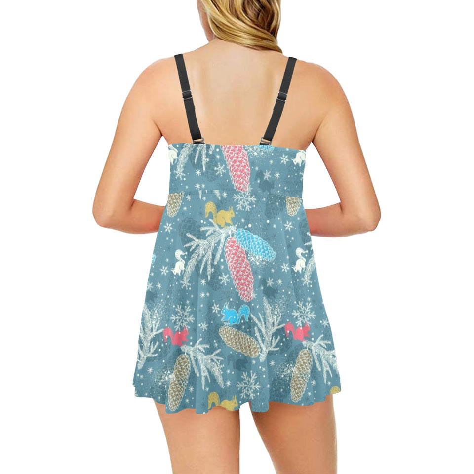 Squirrel Pattern Print Design 01 Chest Sexy Pleated Two Piece Swim Dress