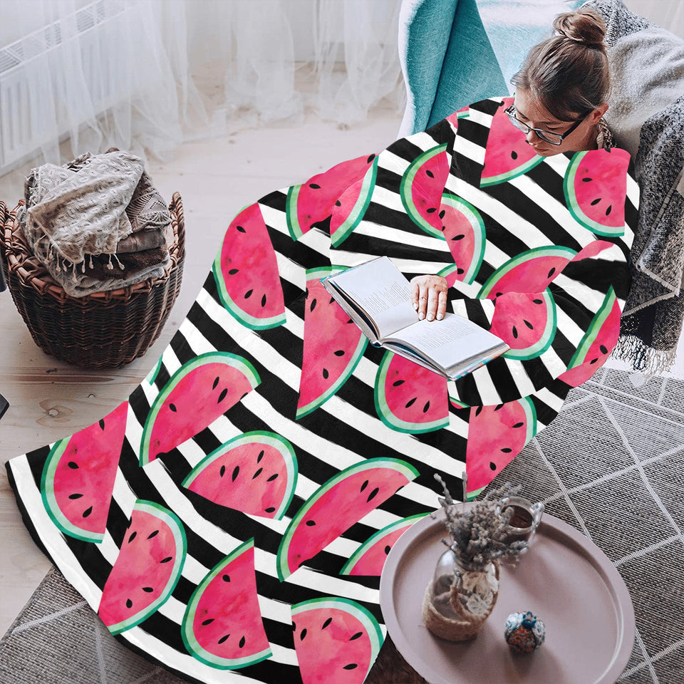 Watercolor paint textured watermelon pieces Blanket Robe with Sleeves