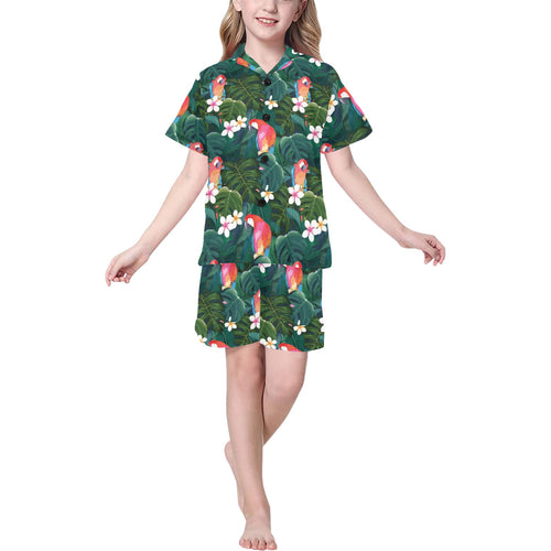 Parrot Palm tree leaves flower hibiscus pattern Kids' Boys' Girls' V-Neck Short Pajama Set