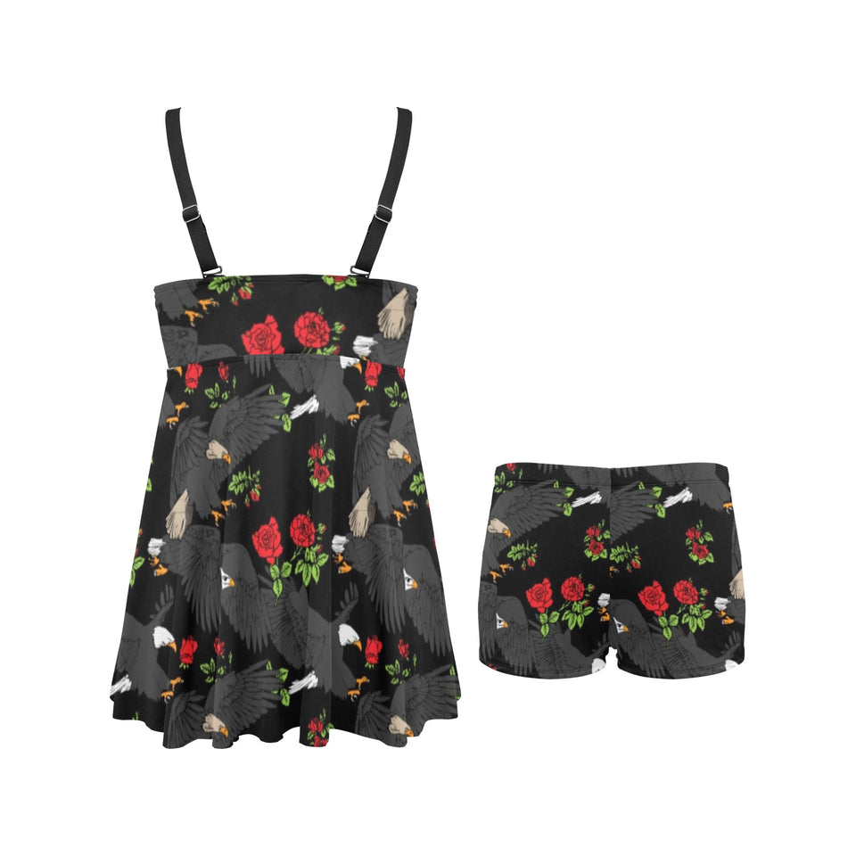 Eagle Pattern Print Design 04 Chest Sexy Pleated Two Piece Swim Dress