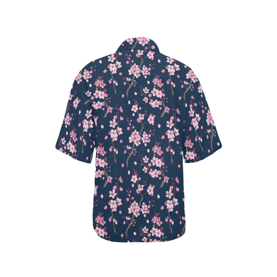 Pink sakura cherry blossom blue background Women's All Over Print Hawaiian Shirt