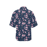 Pink sakura cherry blossom blue background Women's All Over Print Hawaiian Shirt