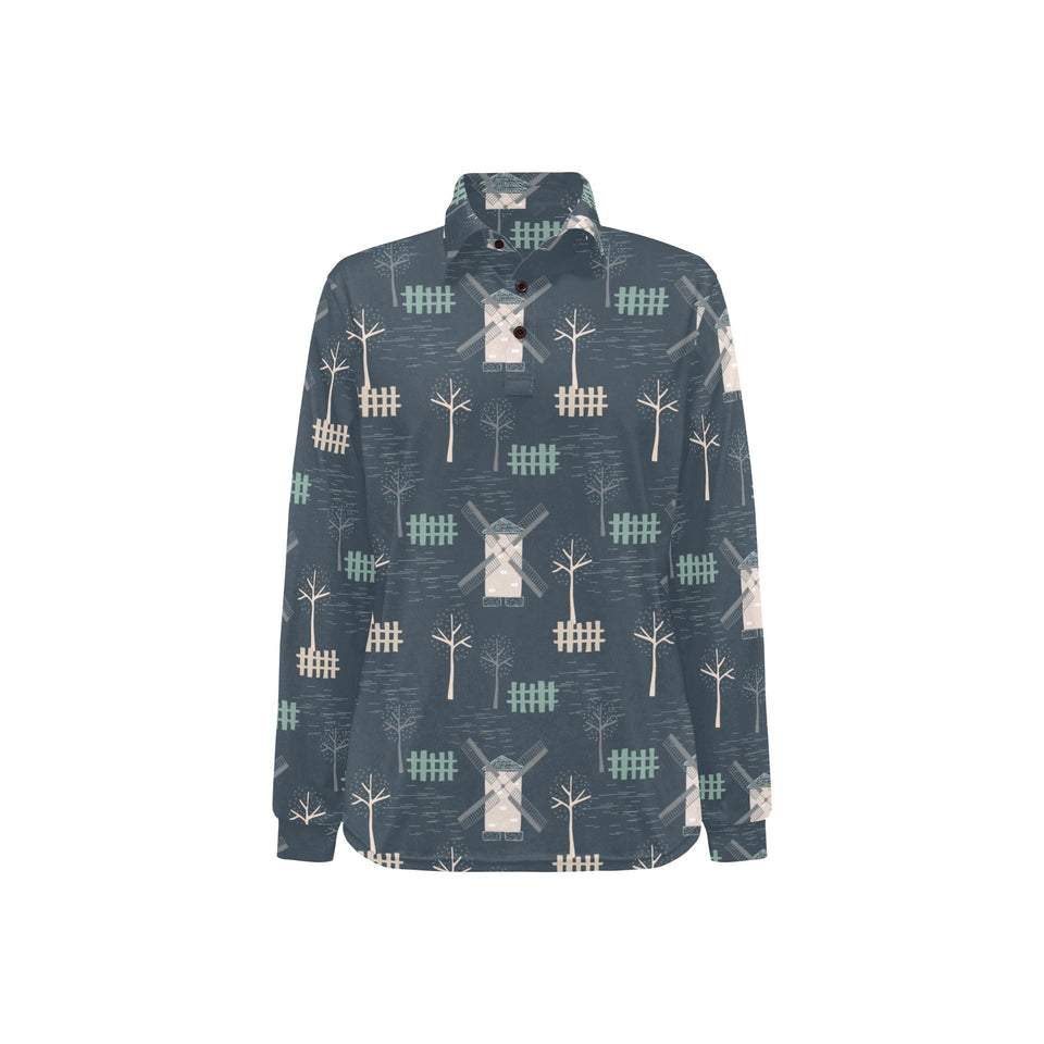 windmill tree pattern Women's Long Sleeve Polo Shirt