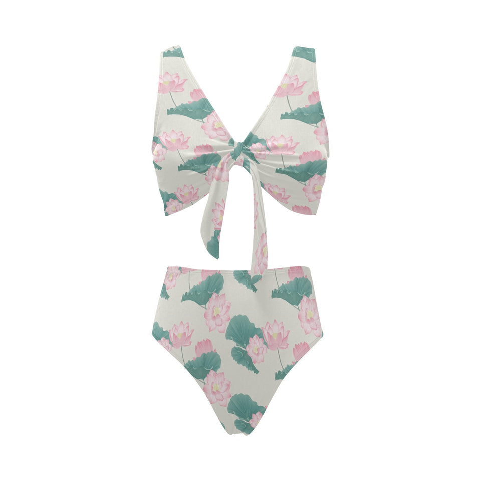Pink lotus waterlily leaves pattern Chest Bowknot High Waisted Bikini Swimsuit