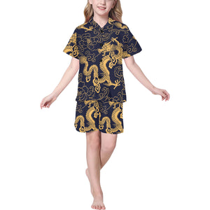 Gold dragon pattern Kids' Boys' Girls' V-Neck Short Pajama Set