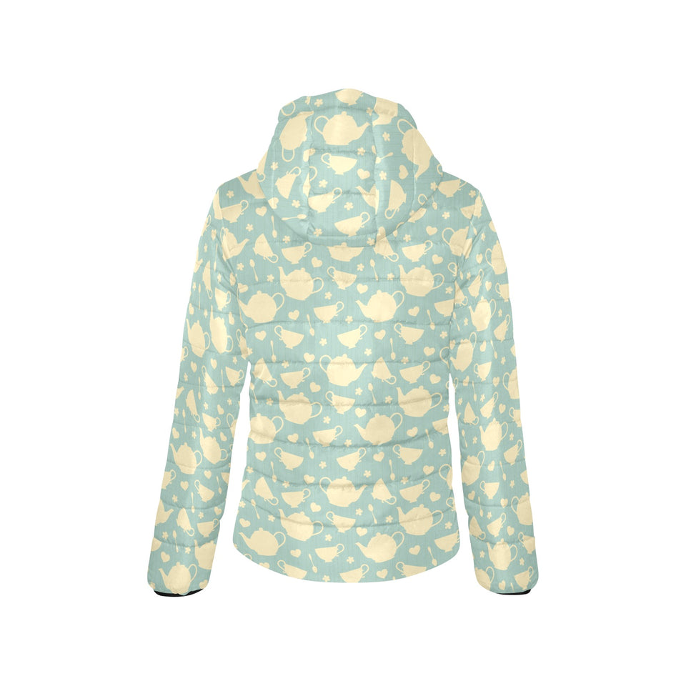Tea pots Pattern Print Design 02 Women's Padded Hooded Jacket