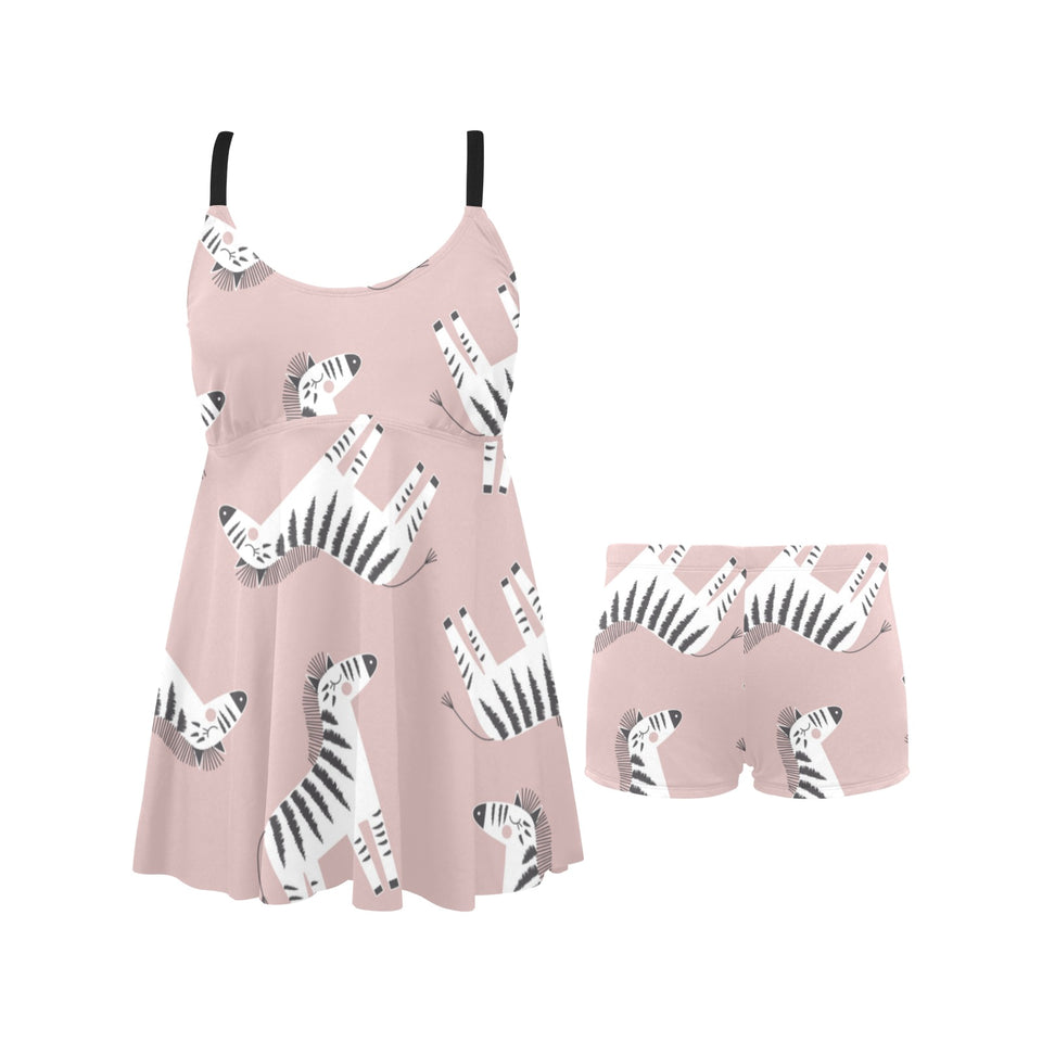 Cute zebra pattern Chest Sexy Pleated Two Piece Swim Dress