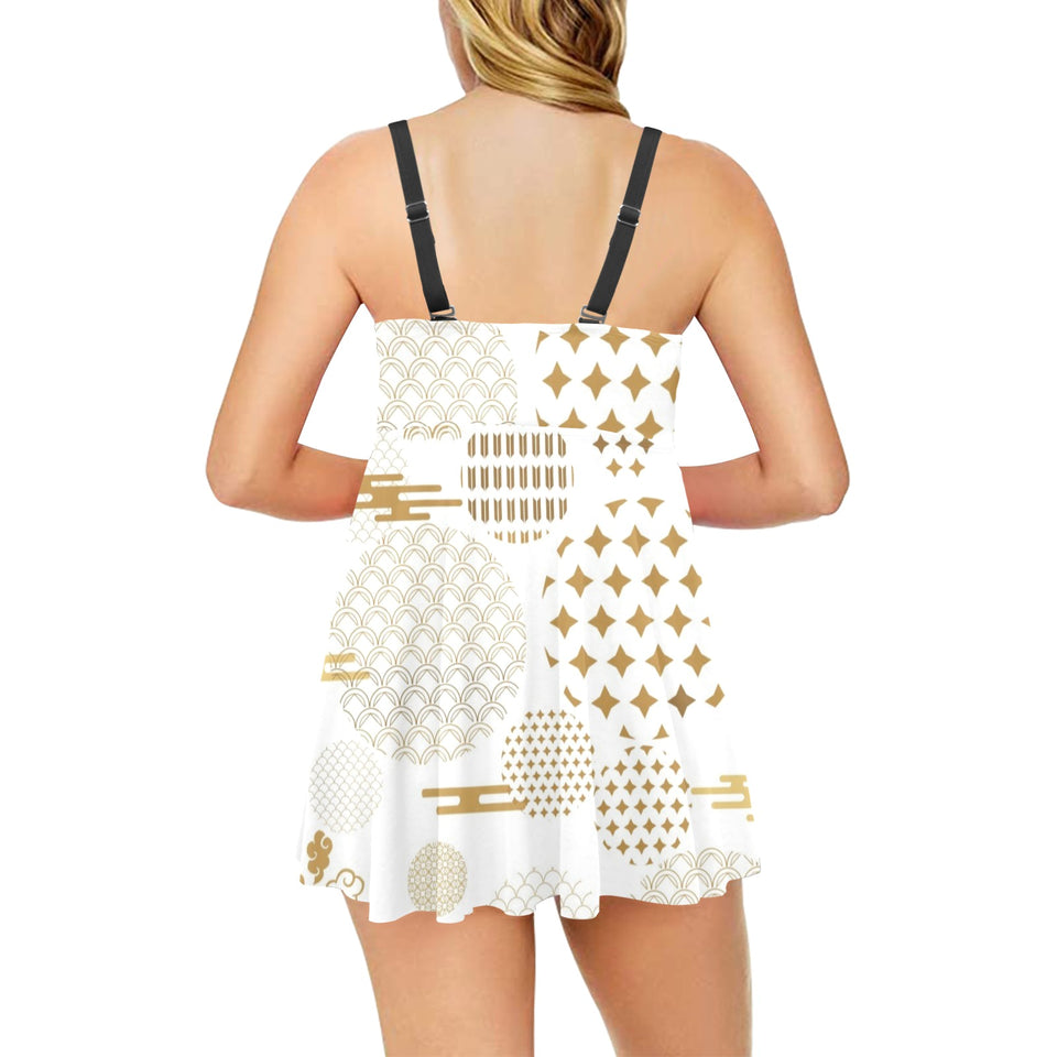 Beautiful gold japanese pattern Chest Sexy Pleated Two Piece Swim Dress