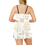 Beautiful gold japanese pattern Chest Sexy Pleated Two Piece Swim Dress