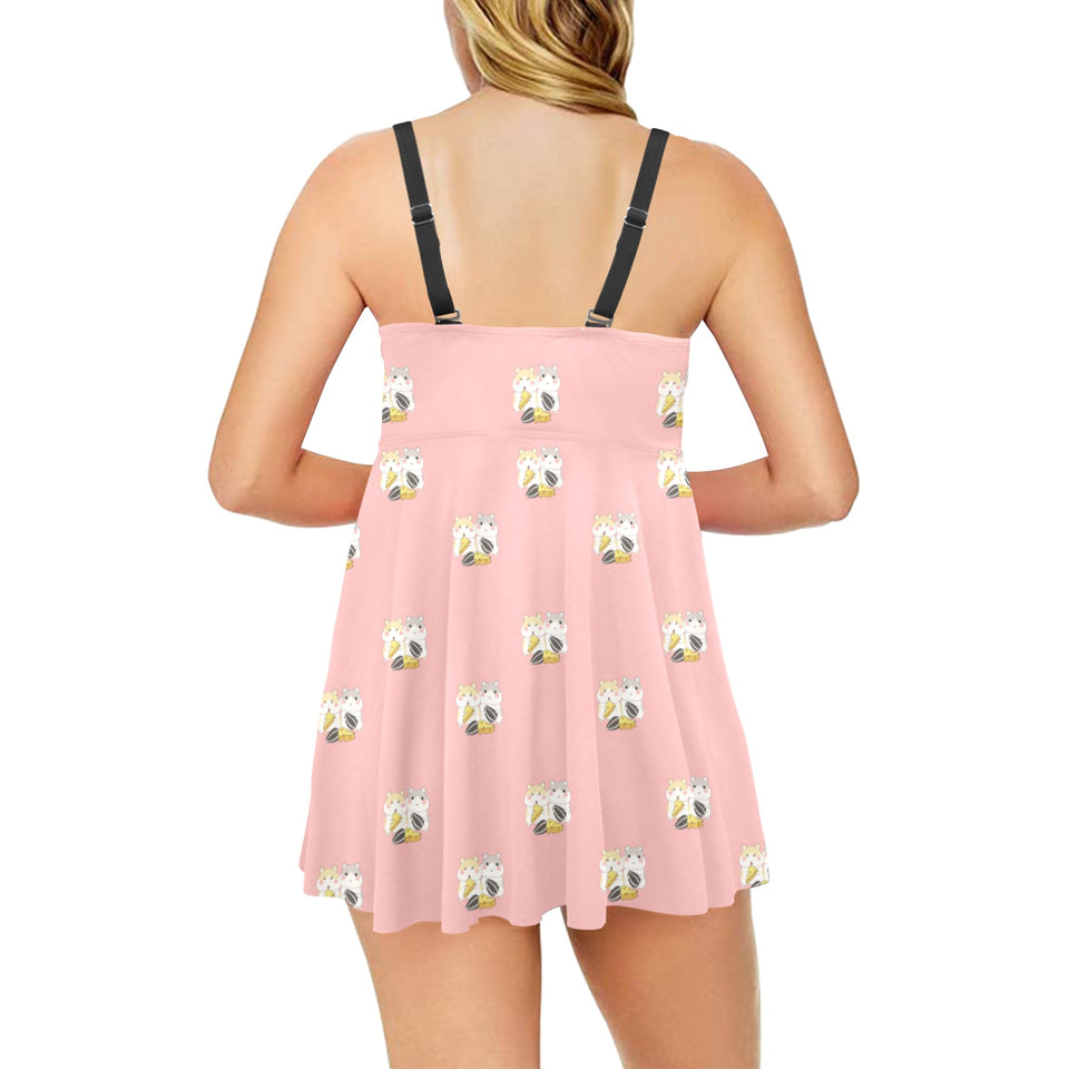 Cute hamster cheese pattern pink background Chest Sexy Pleated Two Piece Swim Dress