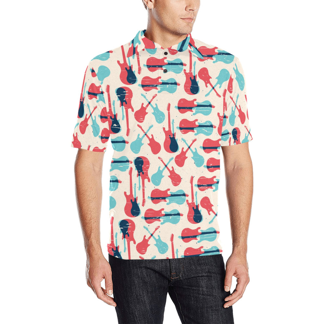 Red Blue guitar pattern Men's All Over Print Polo Shirt