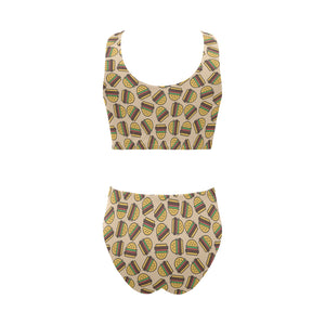 Hamburger Pattern Print Design 01 Chest Bowknot High Waisted Bikini Swimsuit