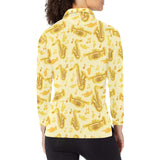 Saxophone cornet pattern yellow background Women's Long Sleeve Polo Shirt