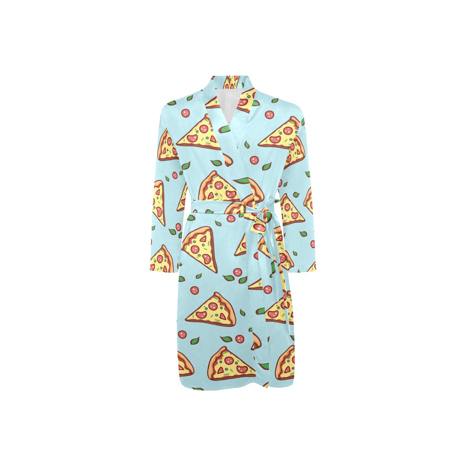 Hand drawn pizza blue background Men's Long Sleeve Belted Night Robe