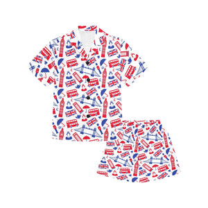 British Pattern Print Design 01 Kids' Boys' Girls' V-Neck Short Pajama Set