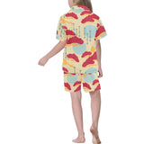 Red Bonsai gray sun japanese pattern Kids' Boys' Girls' V-Neck Short Pajama Set