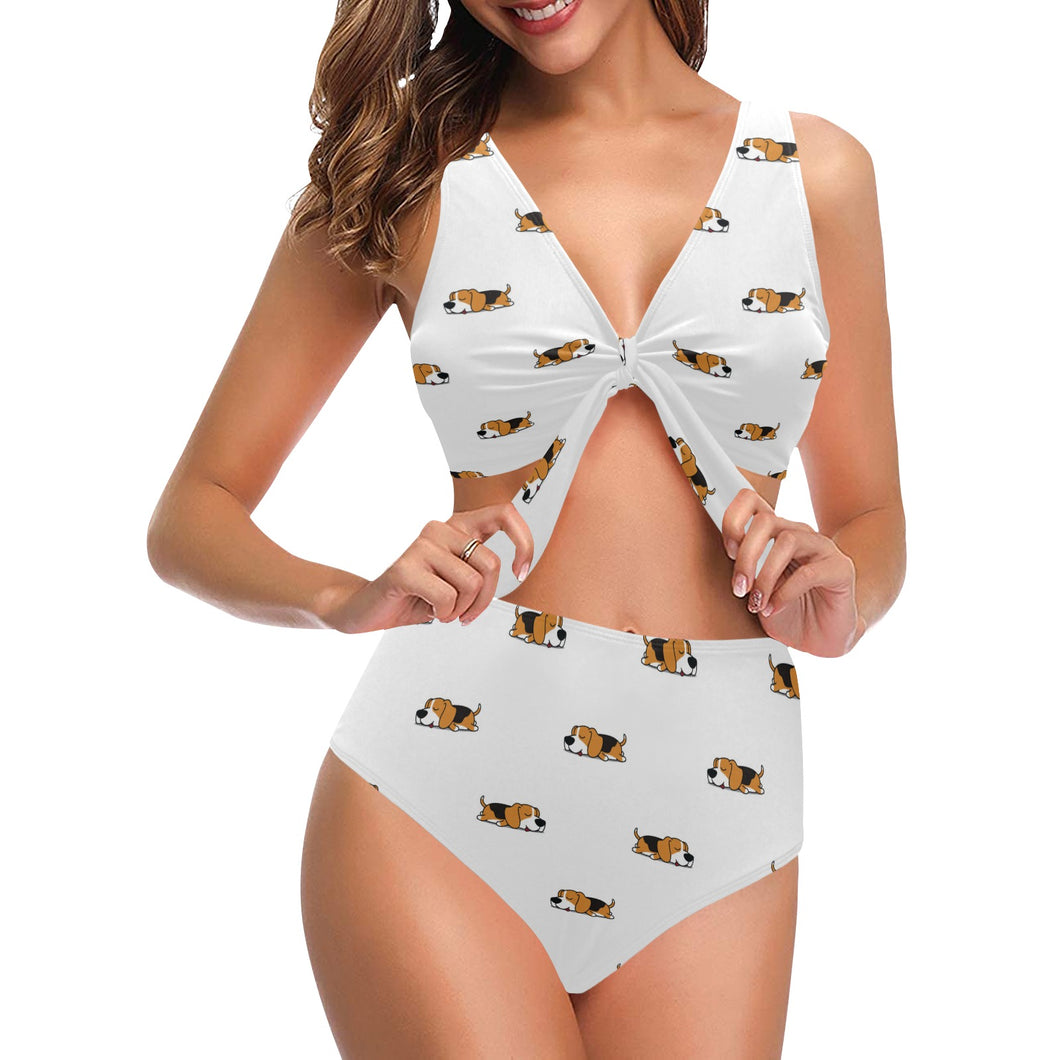 Cute beagle dog sleeping pattern Chest Bowknot High Waisted Bikini Swimsuit
