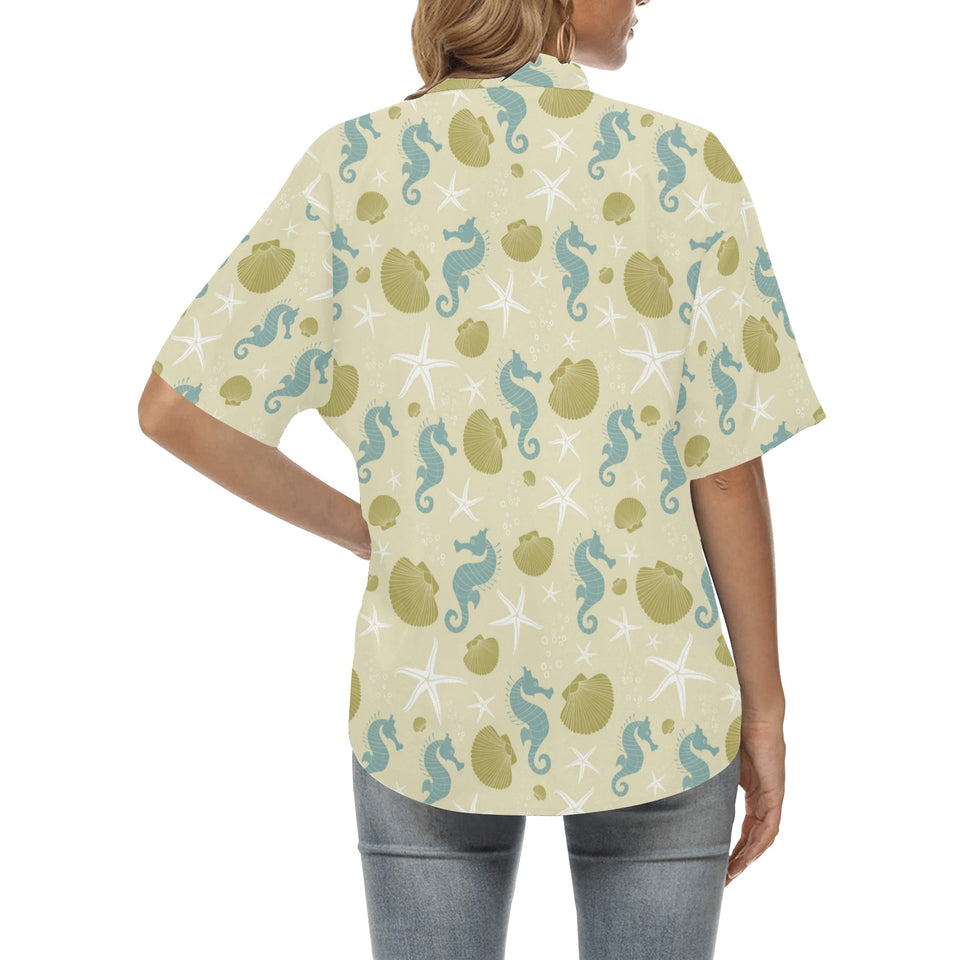 Seahorse shell starfish pattern background Women's All Over Print Hawaiian Shirt