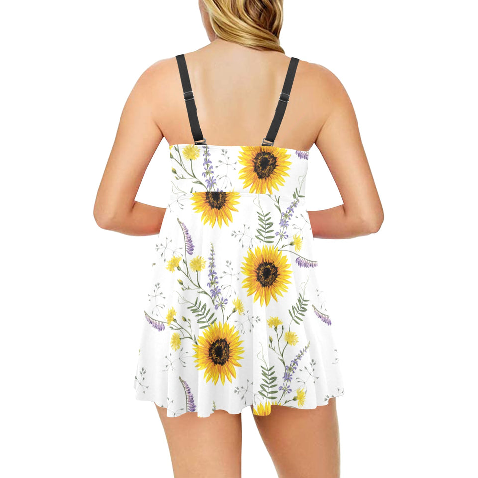 beautiful sunflowers pattern Chest Sexy Pleated Two Piece Swim Dress