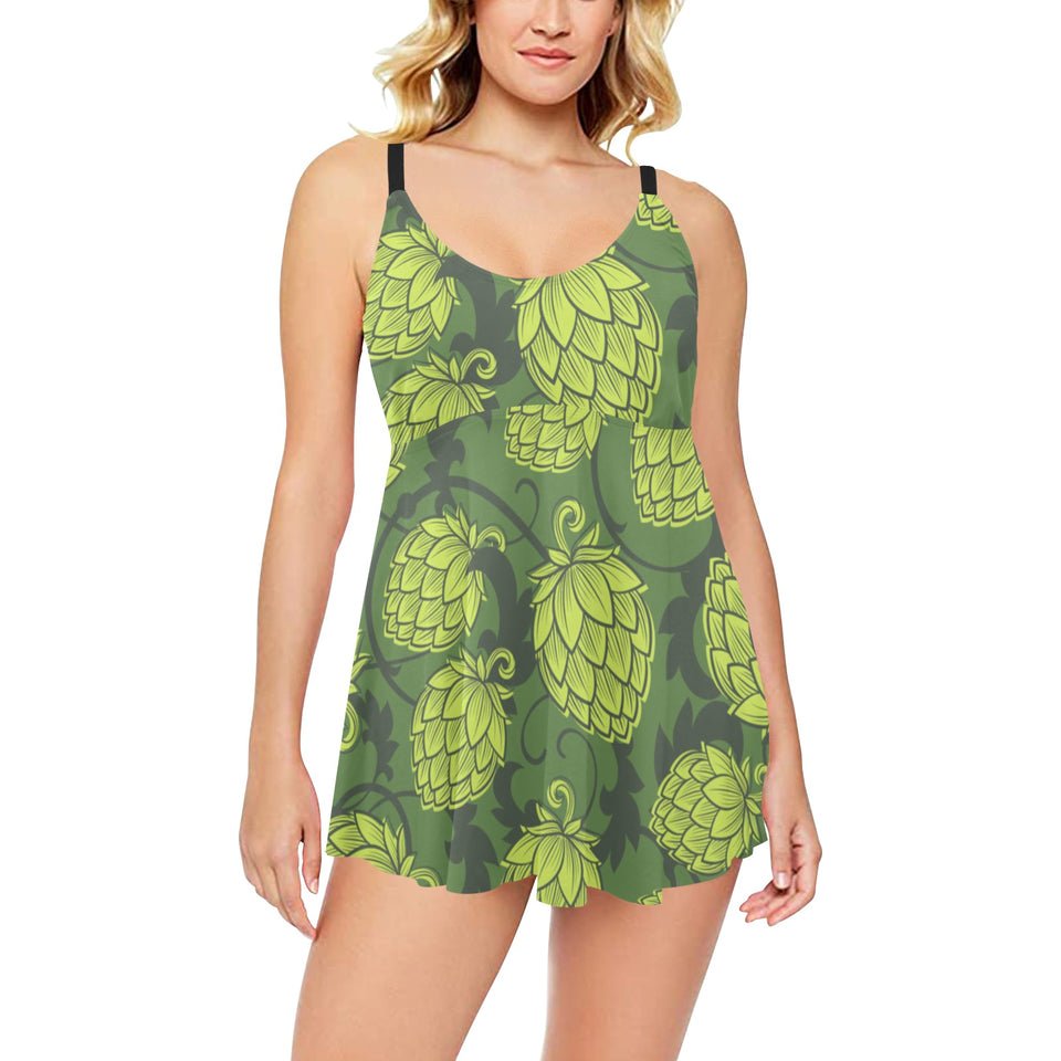 Hop pattern Hop cone background Chest Sexy Pleated Two Piece Swim Dress