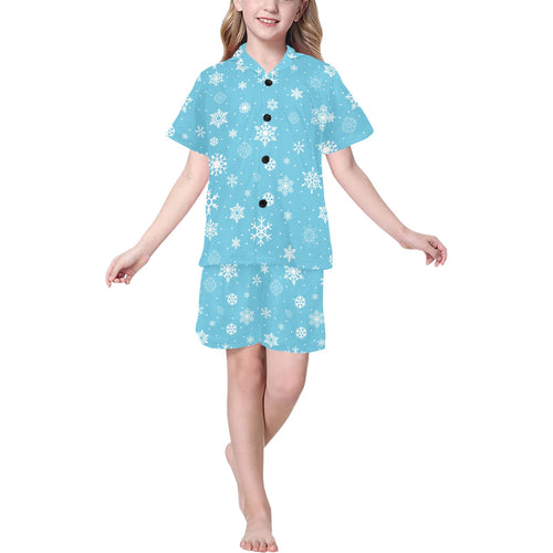 Snowflake pattern blue background Kids' Boys' Girls' V-Neck Short Pajama Set