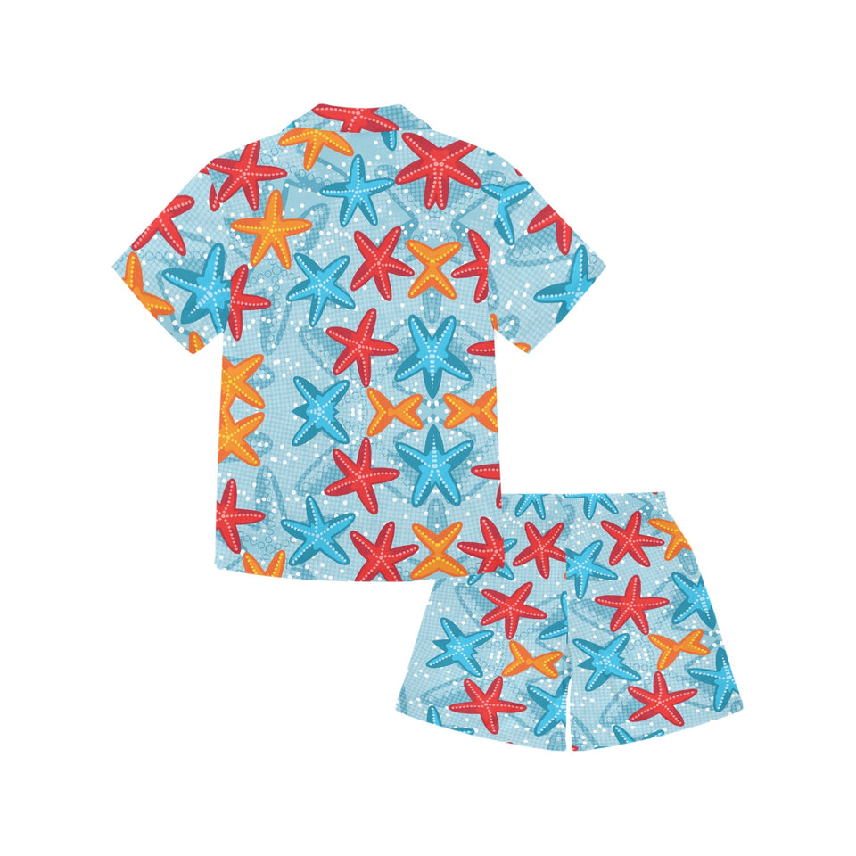 Blue red orange starfish pattern Kids' Boys' Girls' V-Neck Short Pajama Set