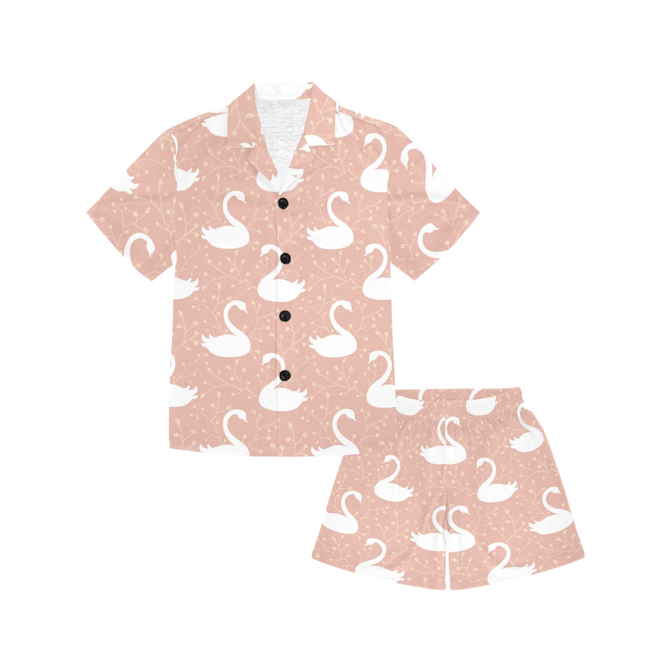 Swan flower light pink background Kids' Boys' Girls' V-Neck Short Pajama Set