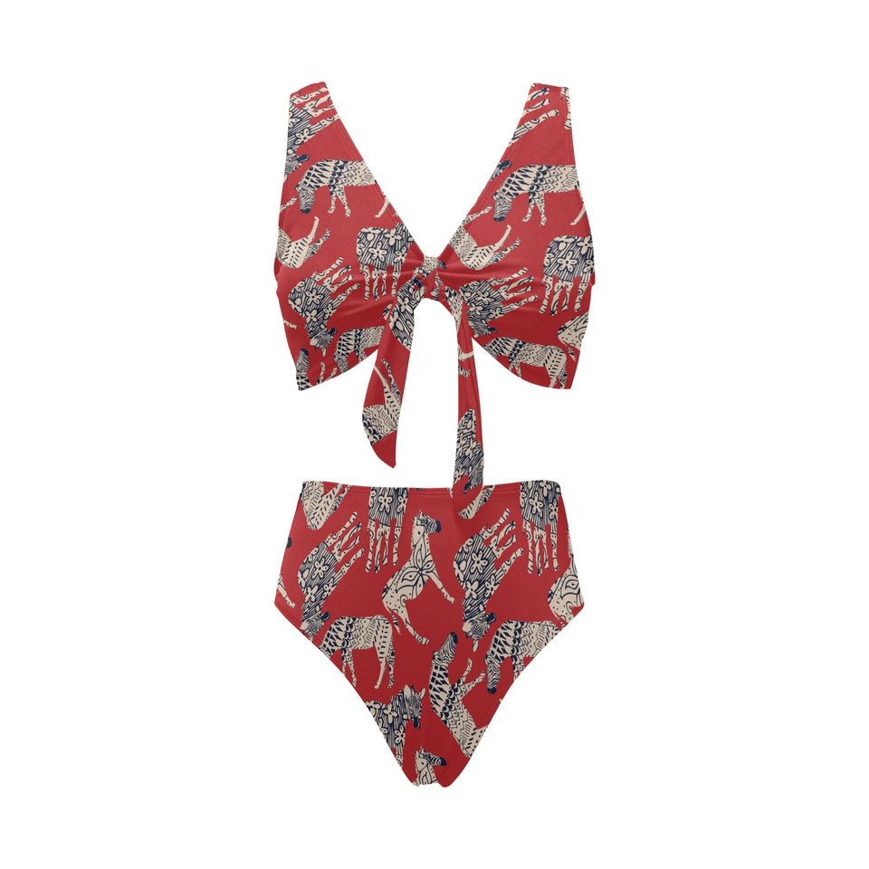 Zebra abstract red background Chest Bowknot High Waisted Bikini Swimsuit