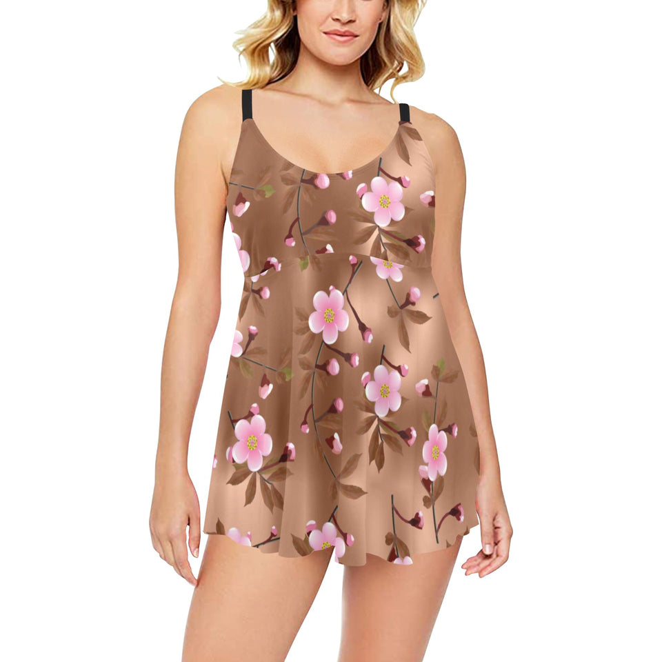 Pink sakura cherry blossom drak brown background Chest Sexy Pleated Two Piece Swim Dress