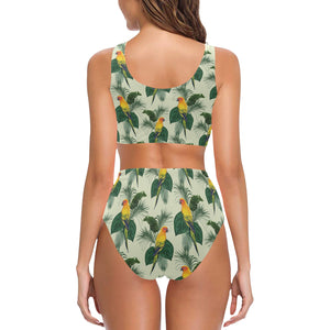 Beautiful parrot palm leaves pattern Chest Bowknot High Waisted Bikini Swimsuit