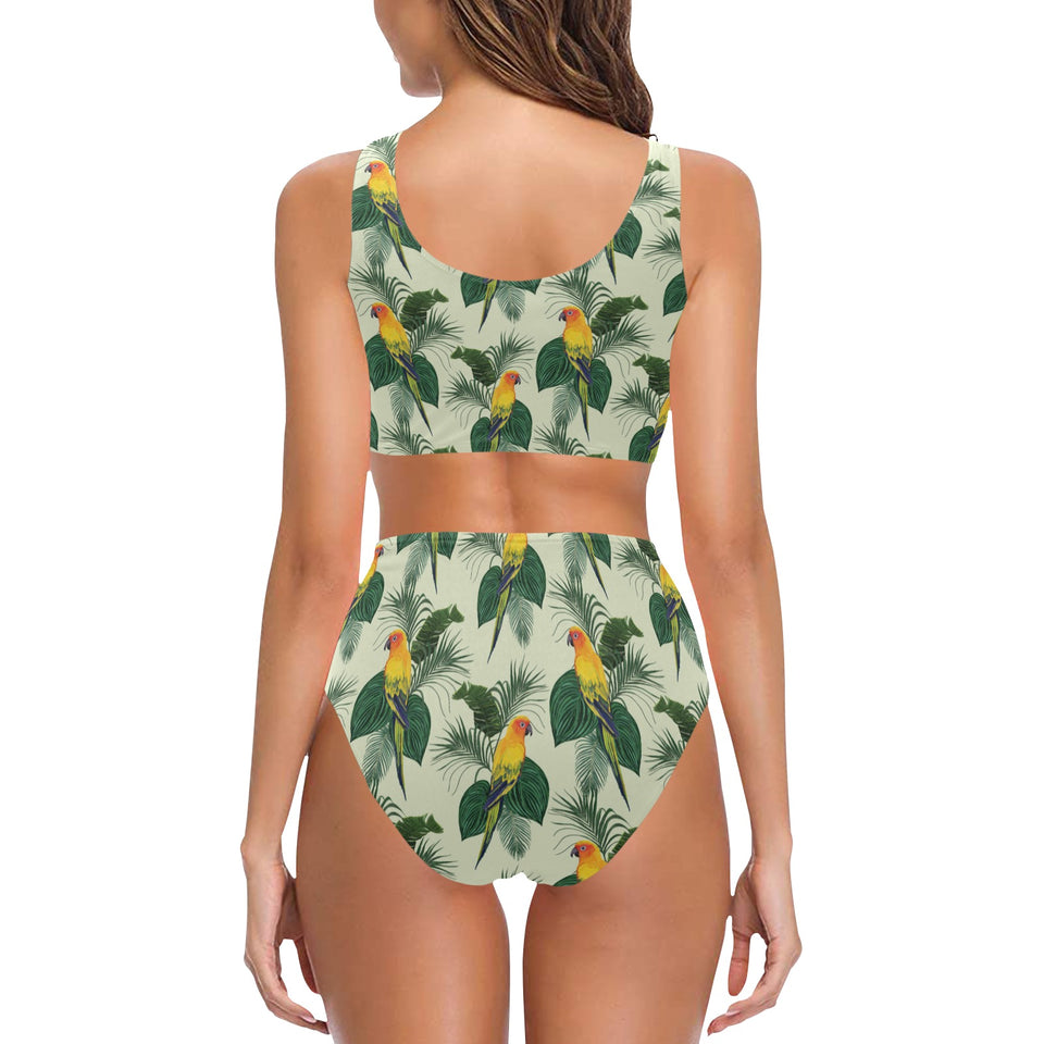 Beautiful parrot palm leaves pattern Chest Bowknot High Waisted Bikini Swimsuit