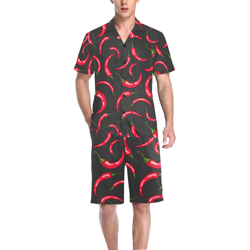 Chili peppers pattern black background Men's V-Neck Short Pajama Set