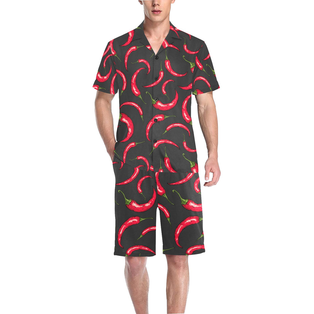 Chili peppers pattern black background Men's V-Neck Short Pajama Set