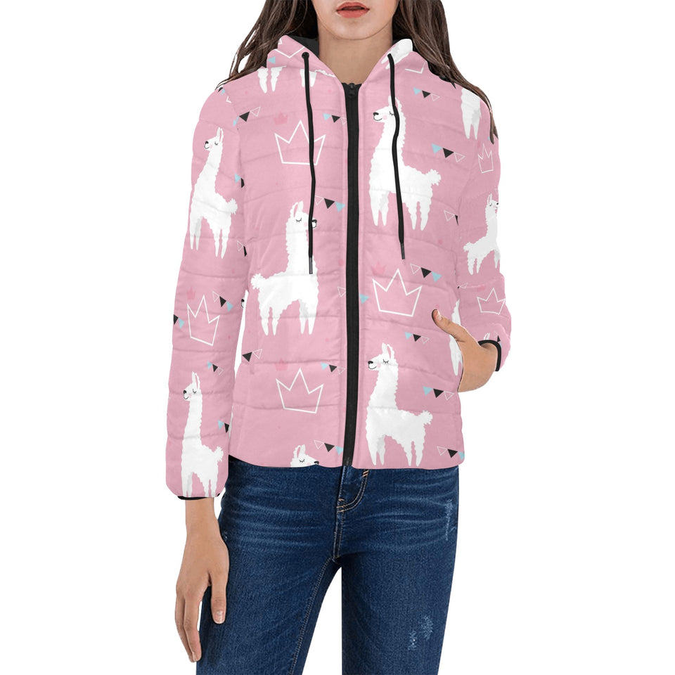 Llama Alpaca pink background Women's Padded Hooded Jacket