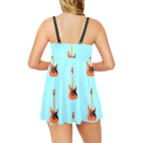 electric guitar pattern light blue background Chest Sexy Pleated Two Piece Swim Dress