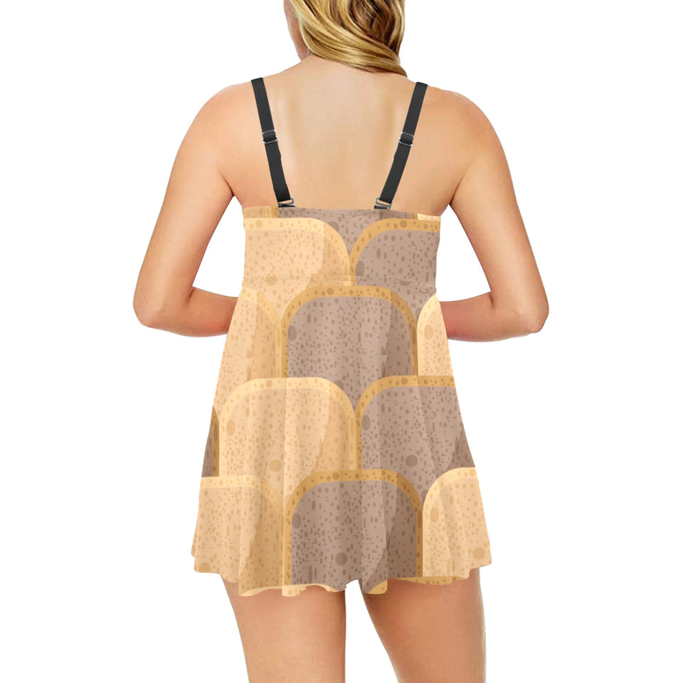 Bread Toast Pattern Print Design 04 Chest Sexy Pleated Two Piece Swim Dress