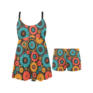 Gear Pattern Print Design 01 Chest Sexy Pleated Two Piece Swim Dress