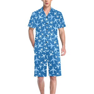 Airplane pattern in the sky Men's V-Neck Short Pajama Set