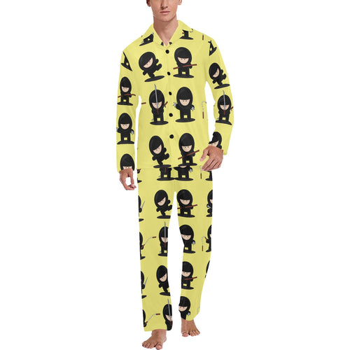 Cute ninja yellow background Men's Long Pajama Set