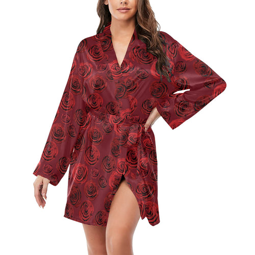 Rose Pattern Print Design 03 Women's Long Sleeve Belted Night Robe