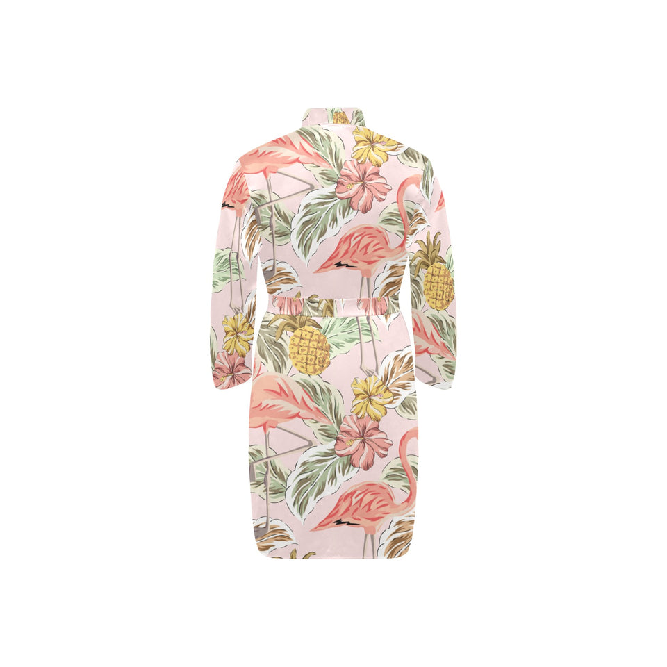 Pink flamingo birds pineapples hibiscus flower pat Men's Long Sleeve Belted Night Robe