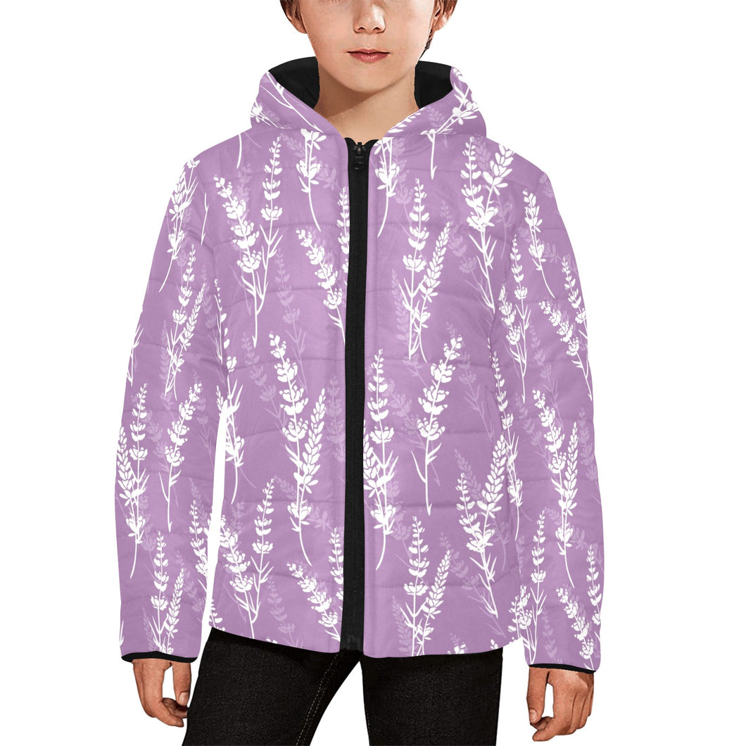 Lavender flowers purple pattern Kids' Boys' Girls' Padded Hooded Jacket