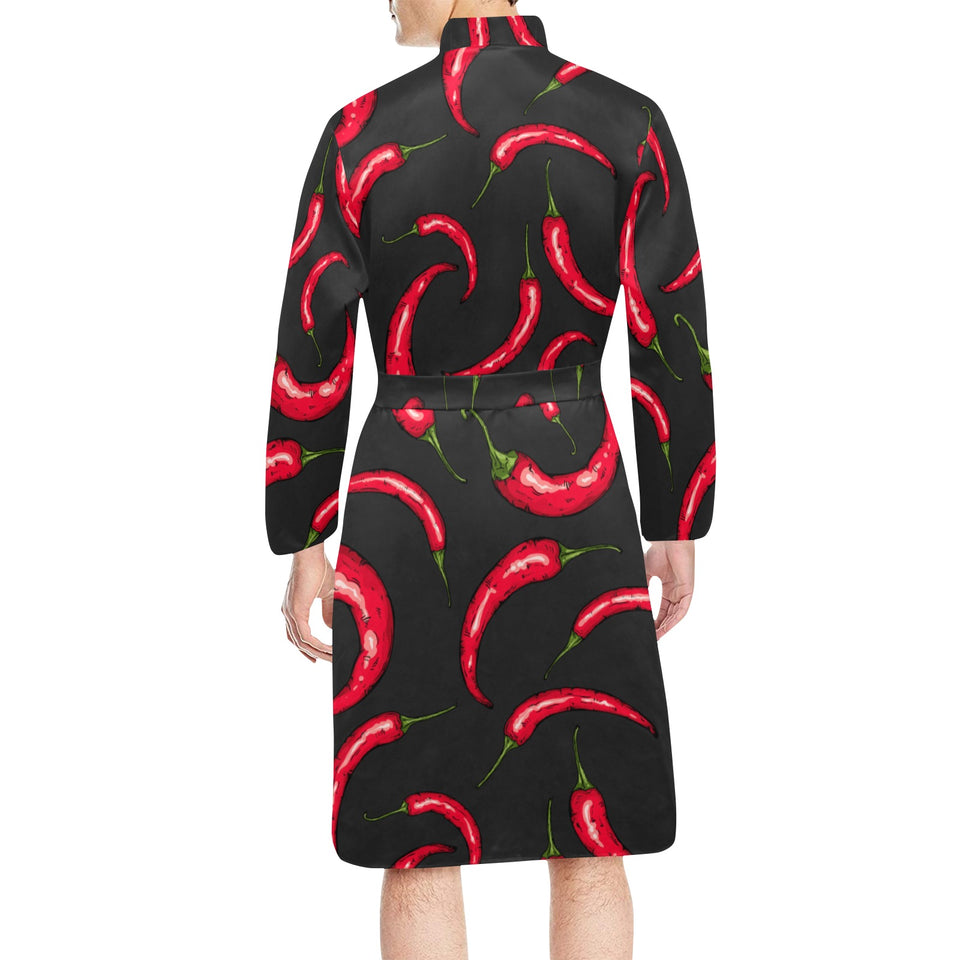 Chili peppers pattern black background Men's Long Sleeve Belted Night Robe