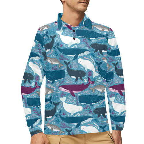 Whale design pattern Men's Long Sleeve Polo Shirt
