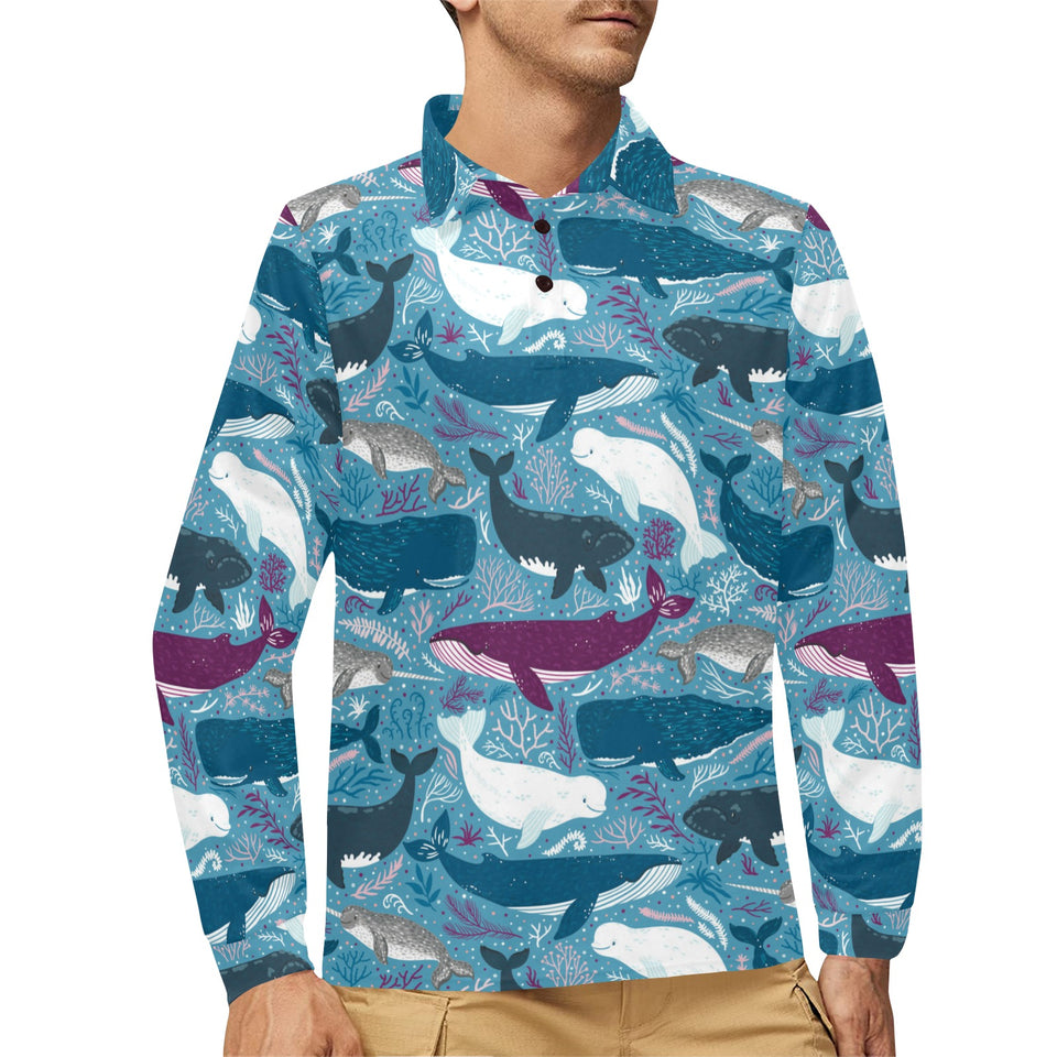 Whale design pattern Men's Long Sleeve Polo Shirt
