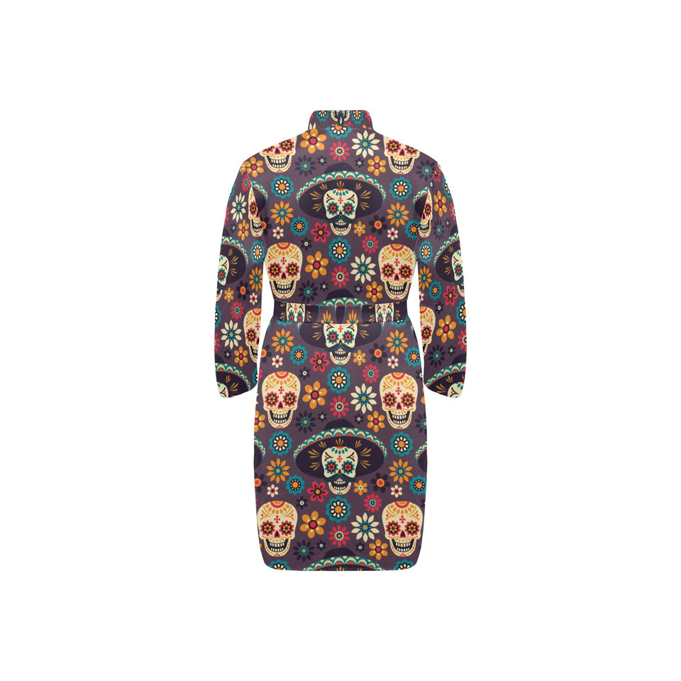 Sugar skulls flower maxican pattern Men's Long Sleeve Belted Night Robe
