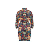 Sugar skulls flower maxican pattern Men's Long Sleeve Belted Night Robe
