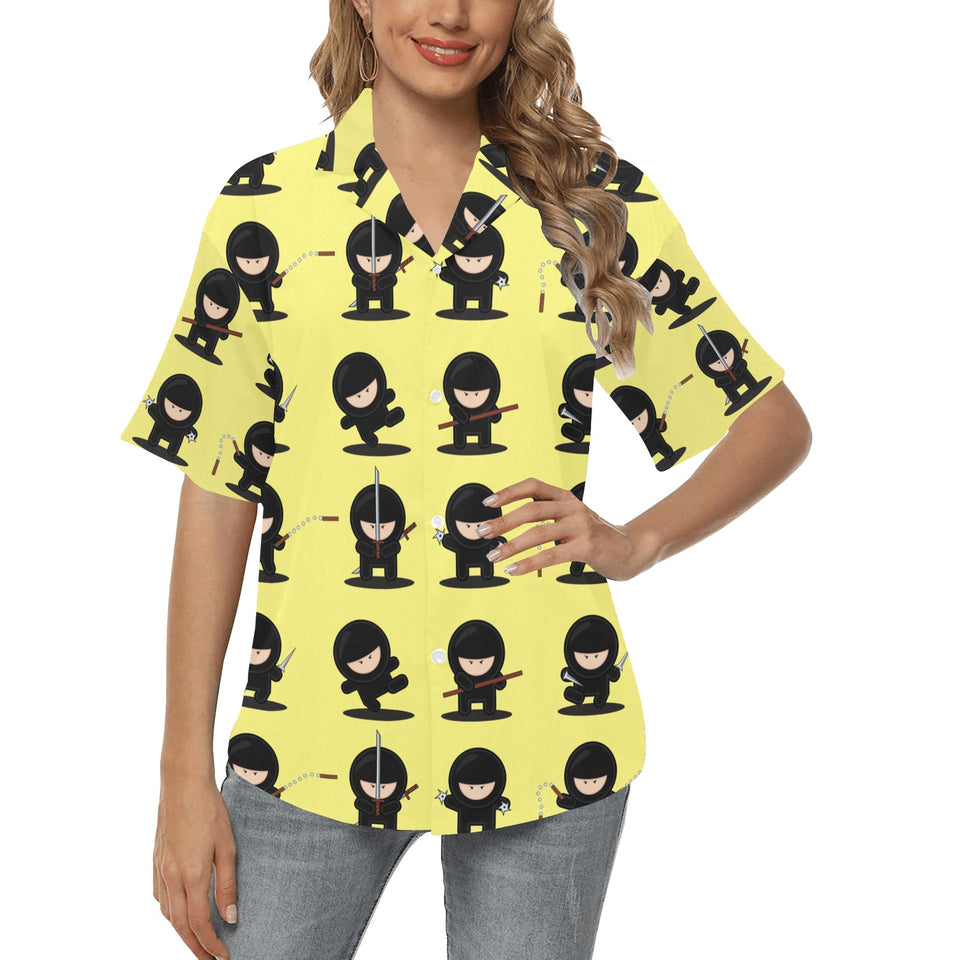 Cute ninja yellow background Women's All Over Print Hawaiian Shirt