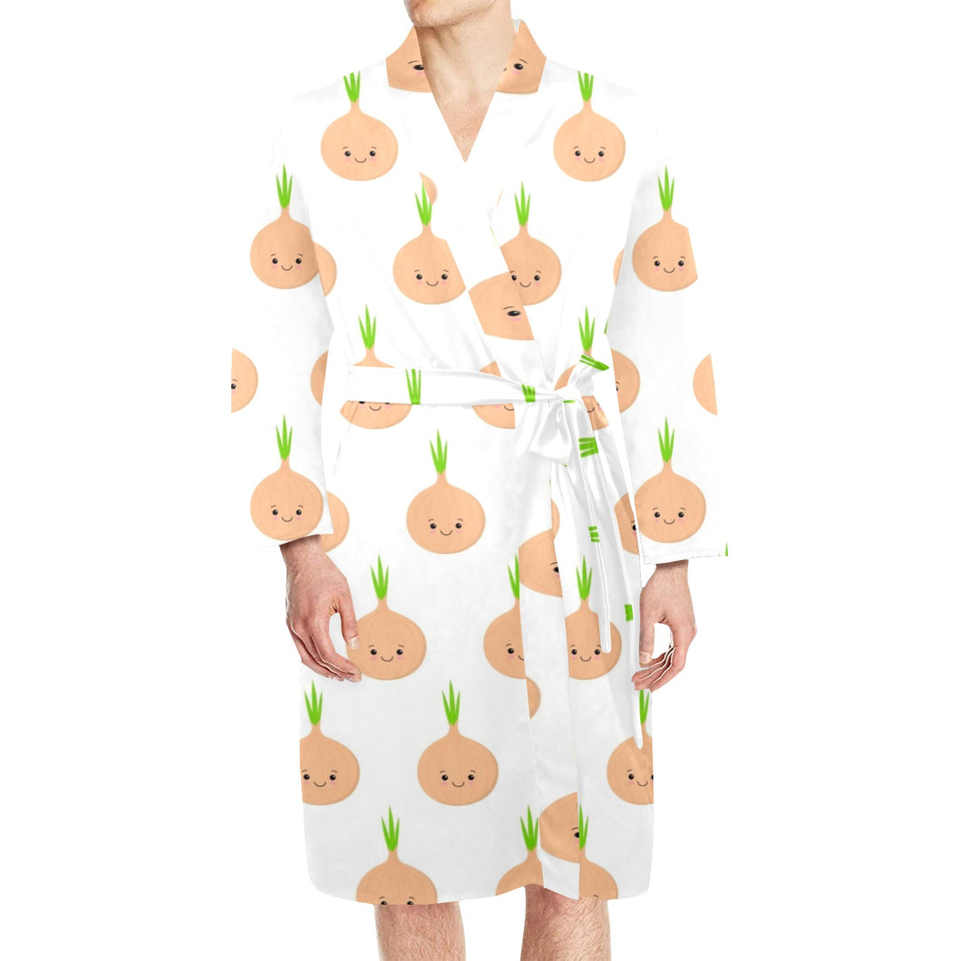 cute onions smiling faces Men's Long Sleeve Belted Night Robe